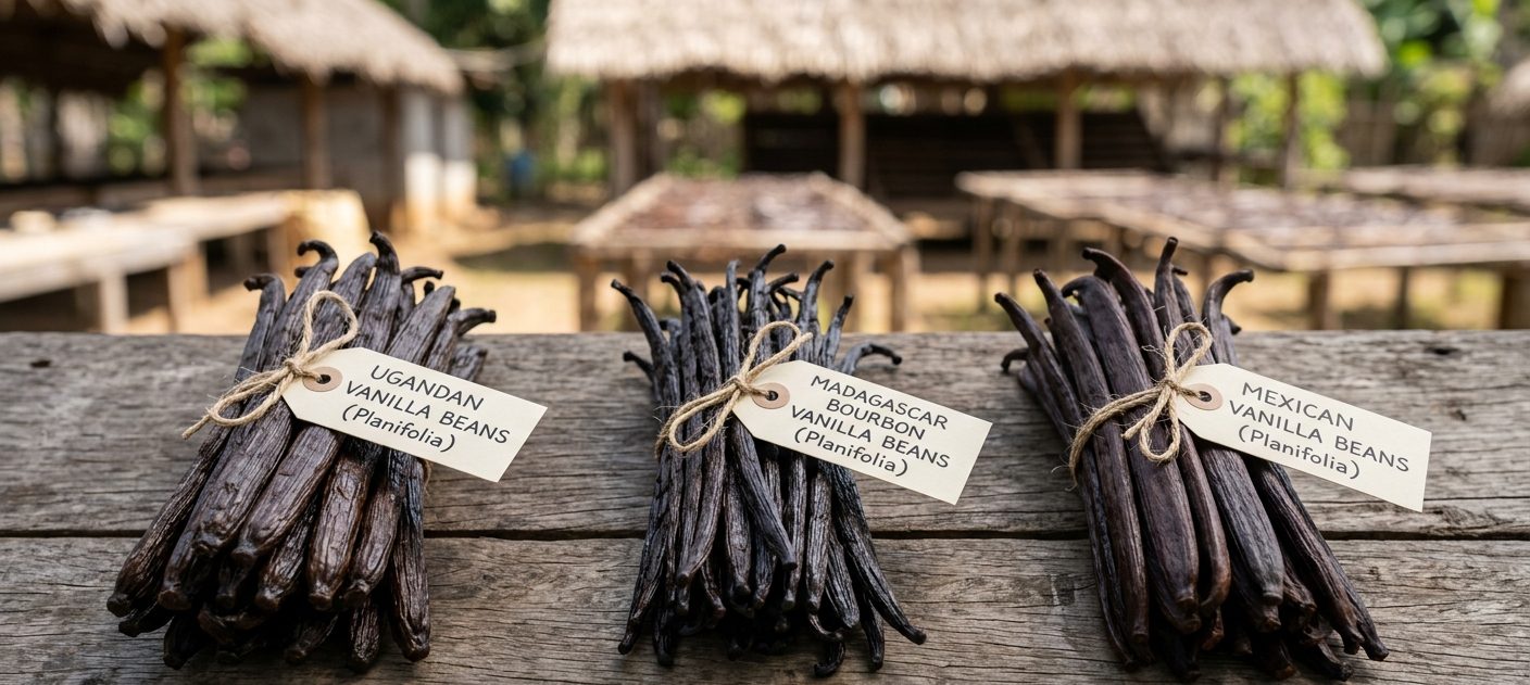 Vanilla beans from different origins side by side